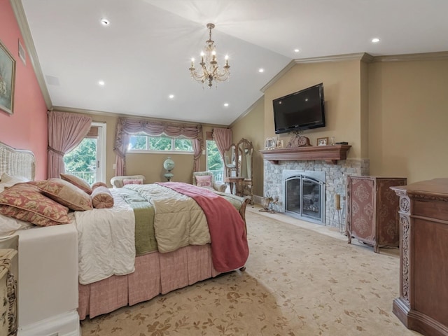 2000 Lake End Rd, Merrick, NY 11566 - bedroom featuring a chandelier, crown molding, a fireplace, vaulted ceiling, and recessed lighting