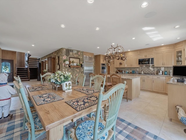 2000 Lake End Rd, Merrick, NY 11566 - dining room featuring stairs, light tile patterned floors, a chandelier, and recessed lighting