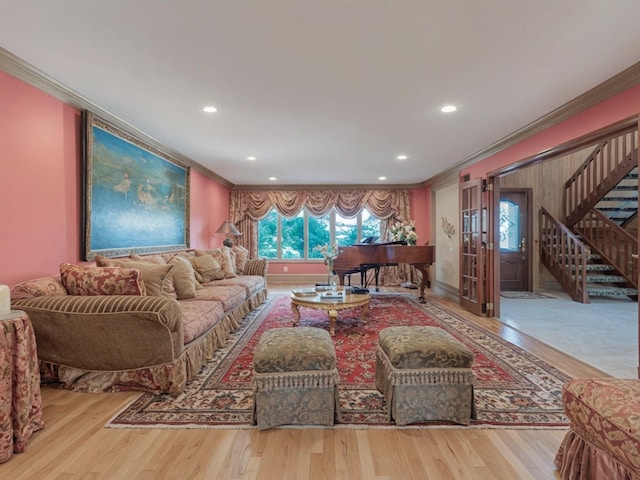 2000 Lake End Rd, Merrick, NY 11566 - living area featuring ornamental molding, stairs, wood finished floors, and recessed lighting
