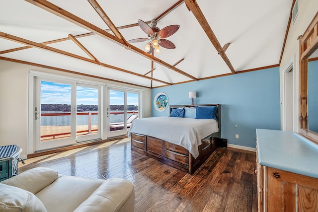 75 W Shore Rd Unit 4, Port Washington, NY 11050 - bedroom with access to outside, hardwood / wood-style floors, beam ceiling, high vaulted ceiling, and a water view