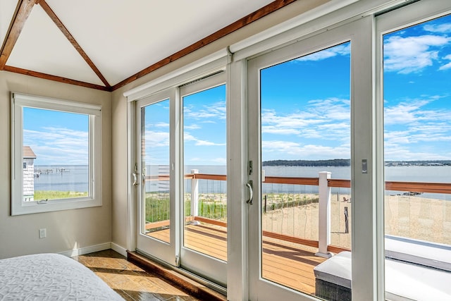 75 W Shore Rd Unit 4, Port Washington, NY 11050 - doorway featuring a water view and vaulted ceiling