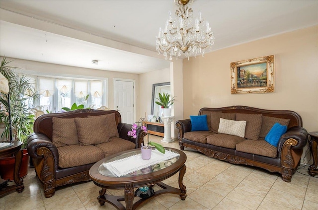 10719 Sutter Ave, Ozone Park, NY 11417 - living area with a chandelier and light tile patterned floors