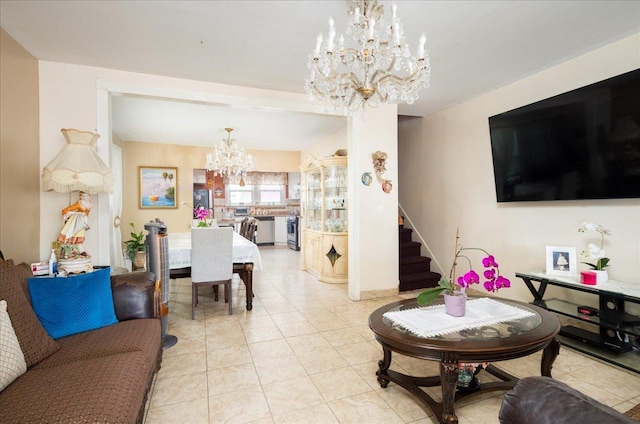 10719 Sutter Ave, Ozone Park, NY 11417 - living room featuring a chandelier, stairs, and light tile patterned floors