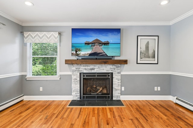 5 Aspen Cir, Saint James, NY 11780 - unfurnished living room featuring a baseboard radiator, wood finished floors, ornamental molding, a fireplace, and recessed lighting