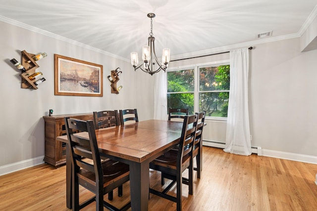 5 Aspen Cir, Saint James, NY 11780 - dining room featuring a chandelier, ornamental molding, light wood-style floors, and baseboard heating