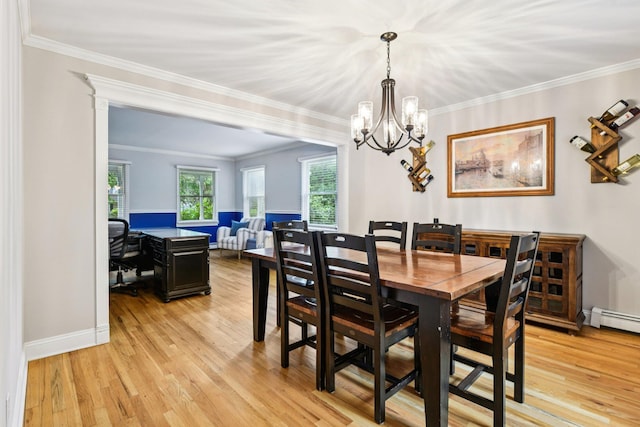 5 Aspen Cir, Saint James, NY 11780 - dining area featuring a chandelier, light wood-style floors, ornamental molding, an office area, and a baseboard radiator