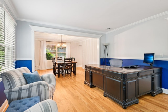 5 Aspen Cir, Saint James, NY 11780 - office area with a chandelier, light wood-type flooring, and ornamental molding