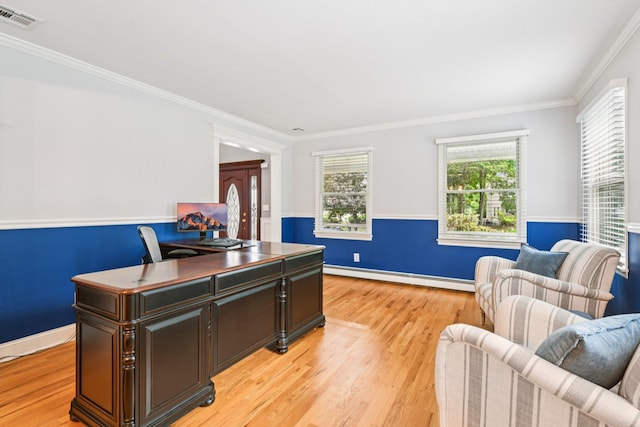 5 Aspen Cir, Saint James, NY 11780 - office area featuring baseboard heating, light wood-style flooring, and ornamental molding