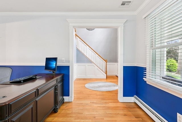 5 Aspen Cir, Saint James, NY 11780 - office area with a baseboard radiator, light wood-type flooring, ornamental molding, and wainscoting