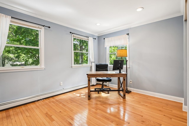 5 Aspen Cir, Saint James, NY 11780 - office with a baseboard heating unit, crown molding, hardwood / wood-style floors, and recessed lighting