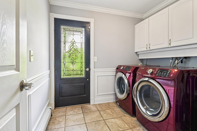 5 Aspen Cir, Saint James, NY 11780 - laundry room with washing machine and clothes dryer, ornamental molding, cabinet space, a decorative wall, and a wainscoted wall