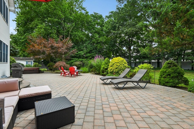 5 Aspen Cir, Saint James, NY 11780 - view of patio with a hot tub, grilling area, and an outdoor living space
