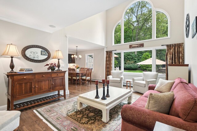 23 Alpine Way S, Huntington, NY 11746 - living area featuring baseboard heating, dark wood-style flooring, a chandelier, ornamental molding, and a high ceiling