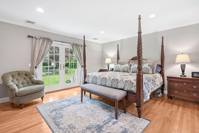 23 Alpine Way S, Huntington, NY 11746 - bedroom with access to outside, ornamental molding, french doors, light wood finished floors, and recessed lighting