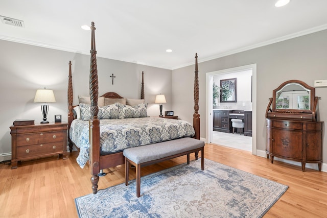 23 Alpine Way S, Huntington, NY 11746 - bedroom with crown molding, light wood-style floors, recessed lighting, connected bathroom, and a baseboard radiator