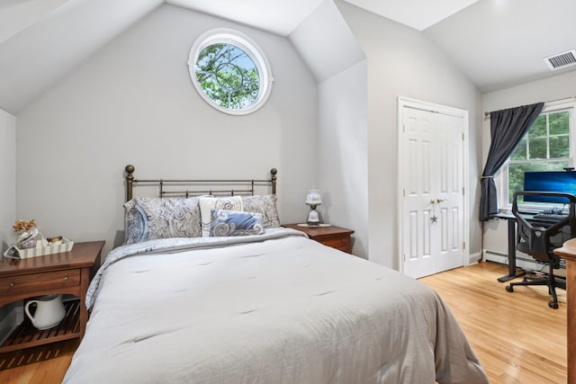 23 Alpine Way S, Huntington, NY 11746 - bedroom featuring vaulted ceiling, wood finished floors, baseboard heating, and a closet