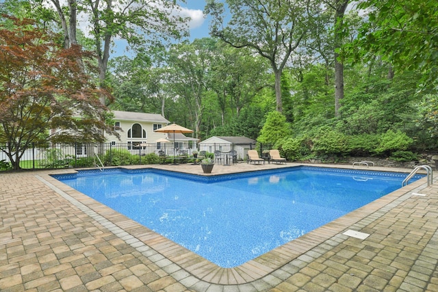 23 Alpine Way S, Huntington, NY 11746 - view of swimming pool featuring a patio area and view of wooded area