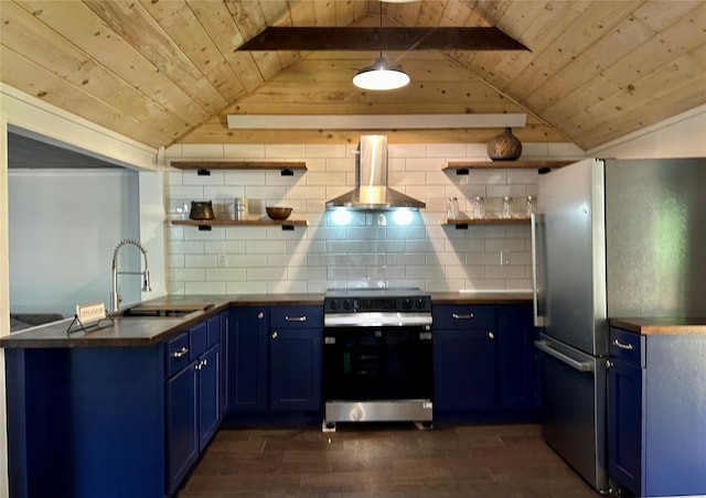 36 River St, Livingston Manor, NY 12758 - kitchen featuring stainless steel appliances, open shelves, wall chimney exhaust hood, wooden ceiling, and blue cabinetry