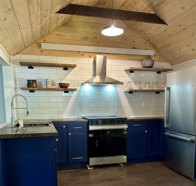 36 River St, Livingston Manor, NY 12758 - kitchen featuring black range with electric stovetop, high quality fridge, wooden ceiling, wall chimney range hood, and blue cabinetry