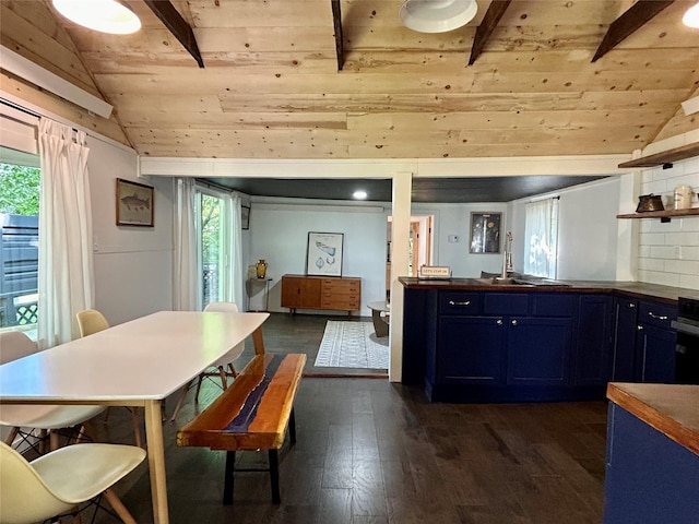 36 River St, Livingston Manor, NY 12758 - kitchen featuring wood ceiling, dark countertops, dark wood finished floors, and healthy amount of natural light