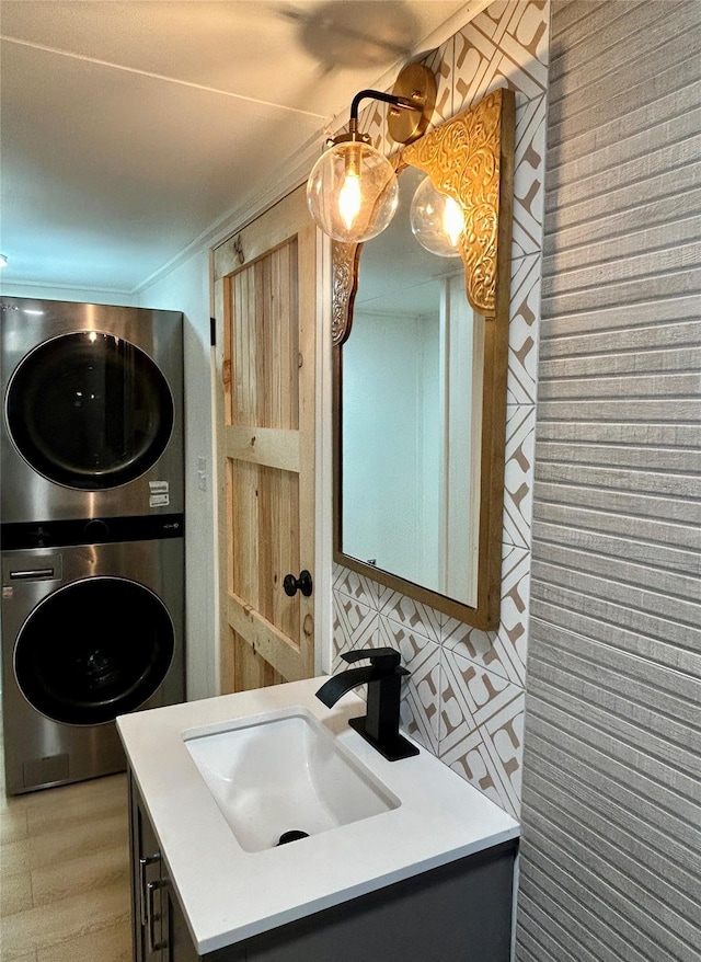 36 River St, Livingston Manor, NY 12758 - bathroom with stacked washer / dryer and vanity