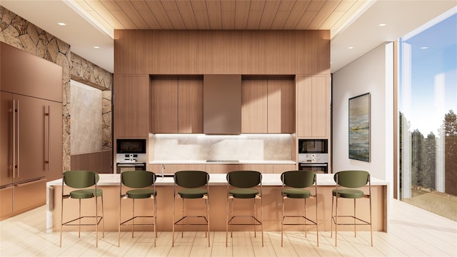 151 Rowe Rd, Red Hook, NY 12571 - kitchen with modern cabinets, light countertops, a breakfast bar, built in microwave, and recessed lighting