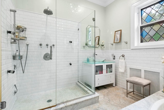 90-01 68th Ave, Forest Hills, NY 11375 - full bath with vanity, a stall shower, crown molding, tile walls, and wainscoting