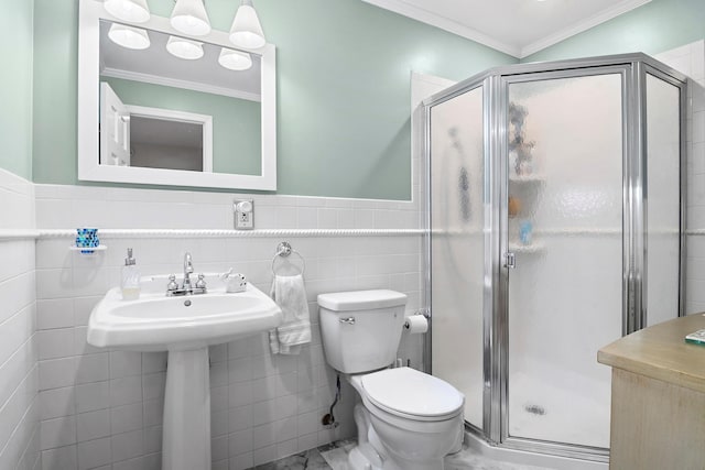 90-01 68th Ave, Forest Hills, NY 11375 - full bathroom featuring tile walls, a shower stall, crown molding, and a wainscoted wall