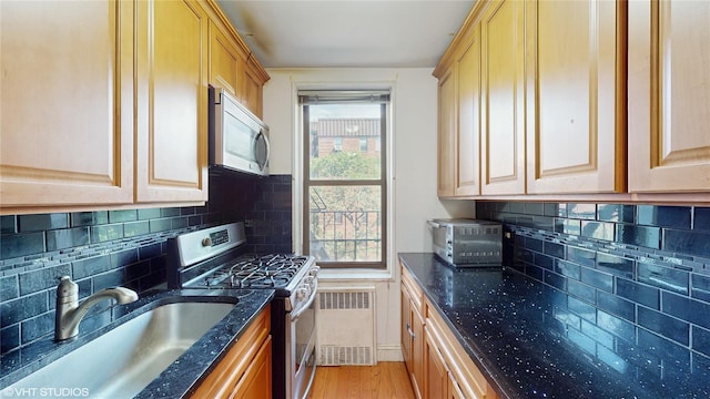2190 Brigham St Unit 4B, Brooklyn, NY 11229 - kitchen with appliances with stainless steel finishes, radiator heating unit, light wood-style flooring, dark stone counters, and tasteful backsplash