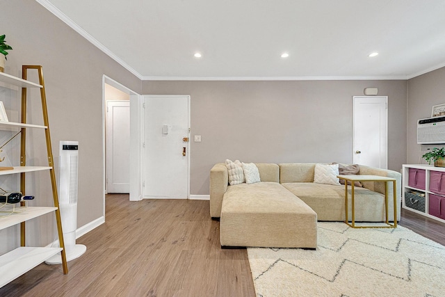 249-01 61st Ave Unit 450, Little Neck, NY 11362 - living room featuring crown molding, wood finished floors, recessed lighting, and a heating unit
