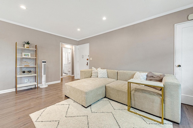249-01 61st Ave Unit 450, Little Neck, NY 11362 - living room with wood finished floors, ornamental molding, and recessed lighting
