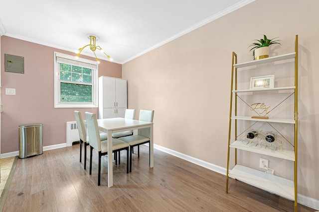 249-01 61st Ave Unit 450, Little Neck, NY 11362 - dining area with crown molding, wood finished floors, a chandelier, and radiator heating unit