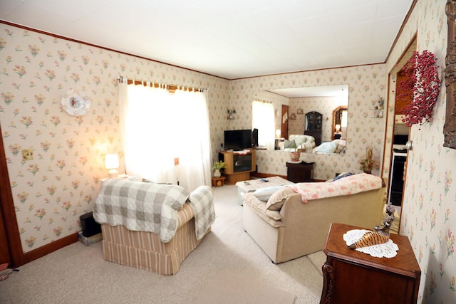 3027 State Route 17b, Cochecton, NY 12726 - living room featuring crown molding, carpet flooring, and wallpapered walls