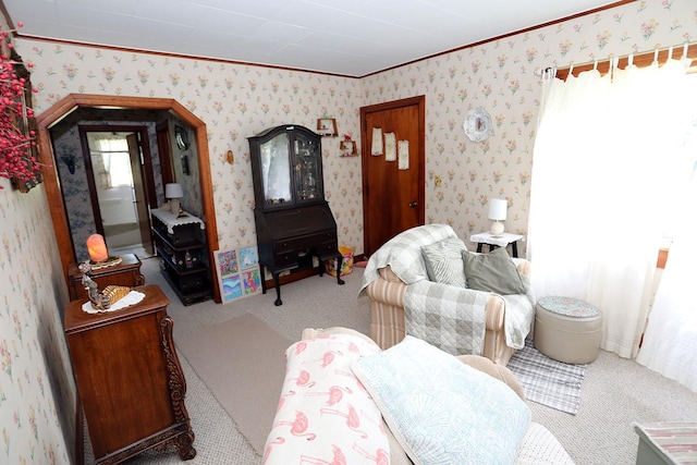 3027 State Route 17b, Cochecton, NY 12726 - living area featuring carpet, crown molding, and wallpapered walls