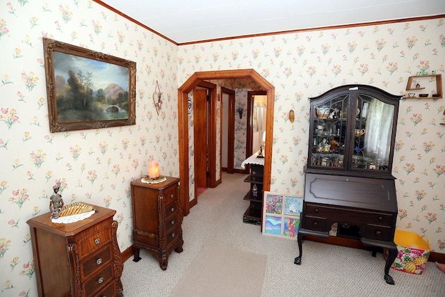 3027 State Route 17b, Cochecton, NY 12726 - corridor featuring arched walkways, carpet floors, ornamental molding, and wallpapered walls