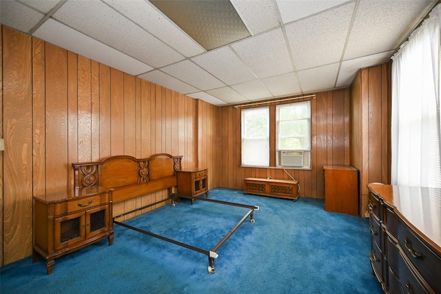 43-44 168th St, Flushing, NY 11358 - living area with carpet floors, a drop ceiling, wood walls, and cooling unit