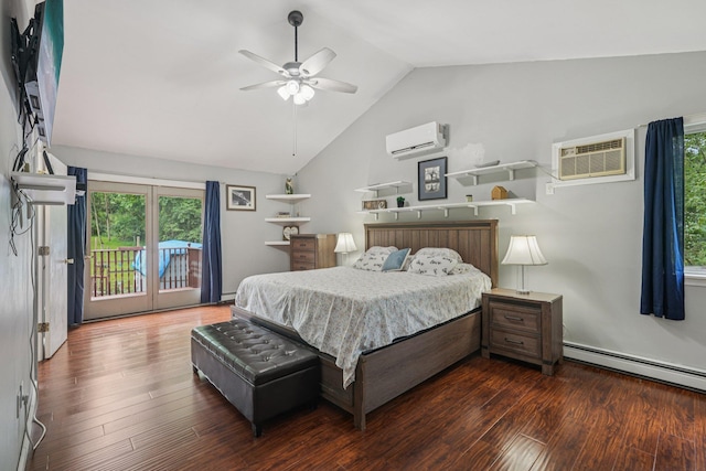 24 Wild Turkey Run, Wappingers Falls, NY 12590 - bedroom featuring an AC wall unit, access to exterior, lofted ceiling, wood finished floors, and baseboard heating