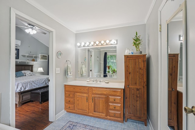 24 Wild Turkey Run, Wappingers Falls, NY 12590 - bathroom with vanity, connected bathroom, ornamental molding, a ceiling fan, and lofted ceiling