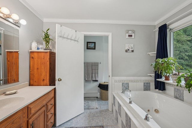 24 Wild Turkey Run, Wappingers Falls, NY 12590 - bathroom featuring vanity, a tub with jets, ornamental molding, and tile patterned flooring