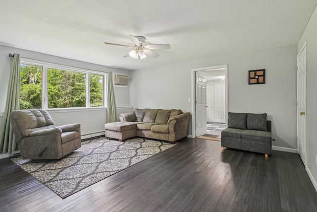 24 Wild Turkey Run, Wappingers Falls, NY 12590 - living area featuring a baseboard heating unit, a wall mounted air conditioner, wood finished floors, and a ceiling fan