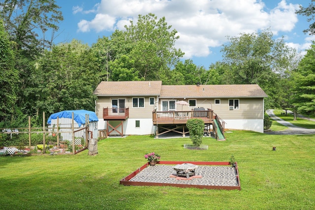 24 Wild Turkey Run, Wappingers Falls, NY 12590 - rear view of property featuring a deck, an outdoor fire pit, a yard, and stairway