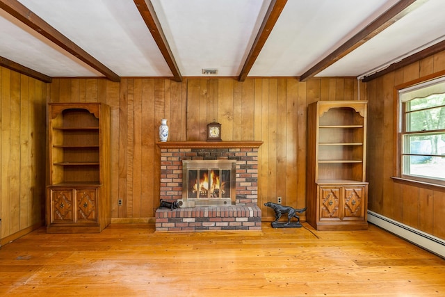 15 Carol Ct, Dix Hills, NY 11746 - unfurnished living room with baseboard heating, beamed ceiling, a brick fireplace, wood-type flooring, and wood walls
