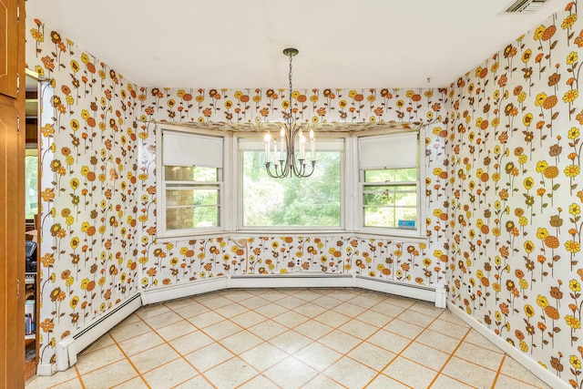 15 Carol Ct, Dix Hills, NY 11746 - unfurnished dining area with wallpapered walls, a chandelier, and a baseboard radiator