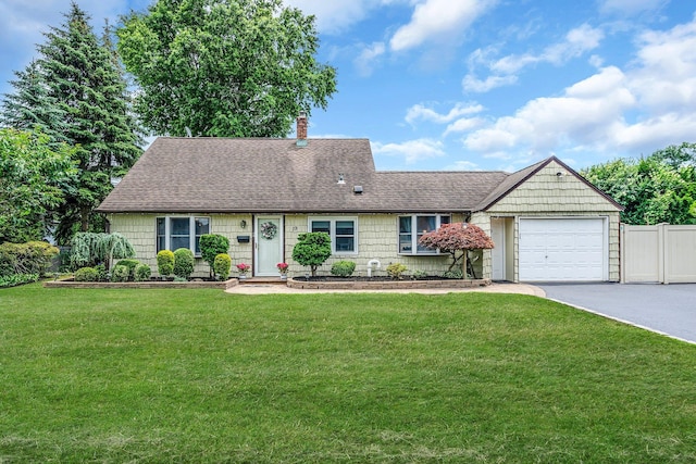 19 Buttercup Ln, Levittown, NY 11756 - view of front of property with driveway, a garage, a shingled roof, and a chimney
