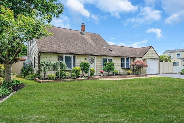19 Buttercup Ln, Levittown, NY 11756 - view of front facade featuring concrete driveway, a chimney, an attached garage, and roof with shingles