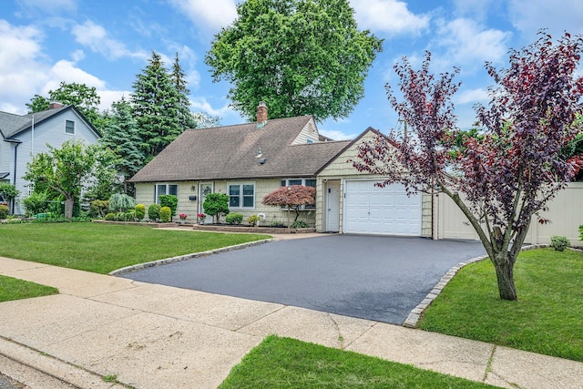 19 Buttercup Ln, Levittown, NY 11756 - cape cod home with a garage, driveway, a front yard, a chimney, and a shingled roof