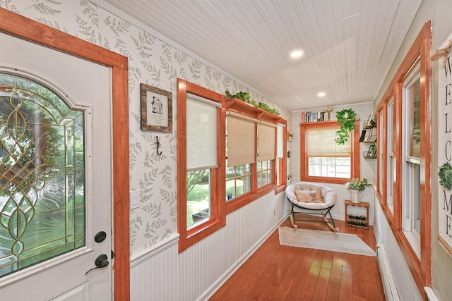 15 5th Ave, Kings Park, NY 11754 - foyer with wallpapered walls, hardwood / wood-style floors, recessed lighting, and ornamental molding