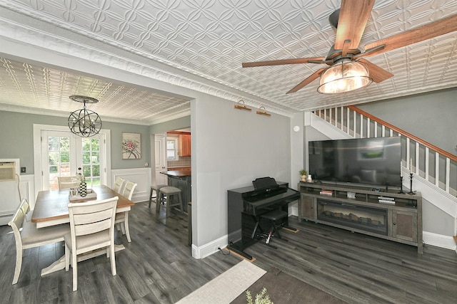 15 5th Ave, Kings Park, NY 11754 - dining area with an ornate ceiling, a ceiling fan, wood finished floors, french doors, and stairway