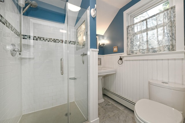 15 5th Ave, Kings Park, NY 11754 - full bath with a baseboard radiator, wainscoting, a shower stall, and marble finish flooring