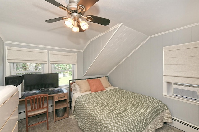15 5th Ave, Kings Park, NY 11754 - carpeted bedroom with a baseboard heating unit, ornamental molding, a ceiling fan, and vaulted ceiling